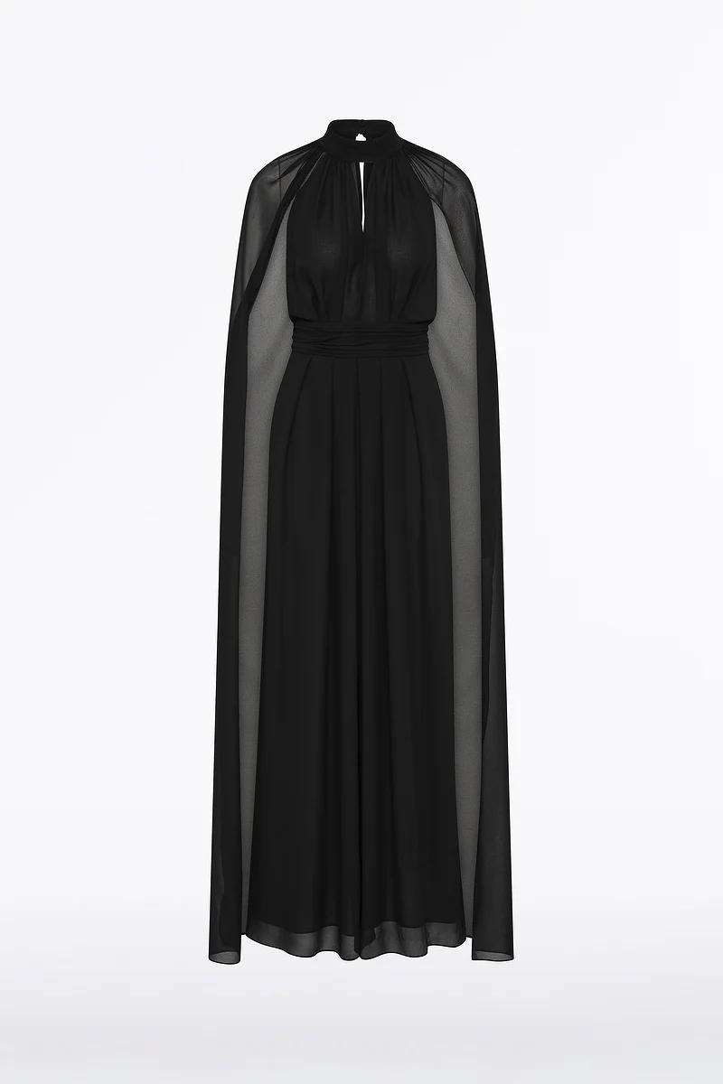 BLACK GEORGETTE HALTER CAPE GOWN - Image 5