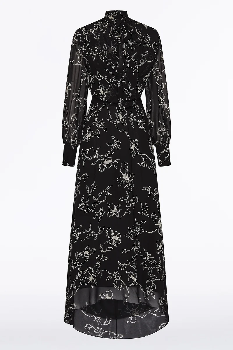 BLACK LINEAR FLORAL MIDI DRESS - Image 5