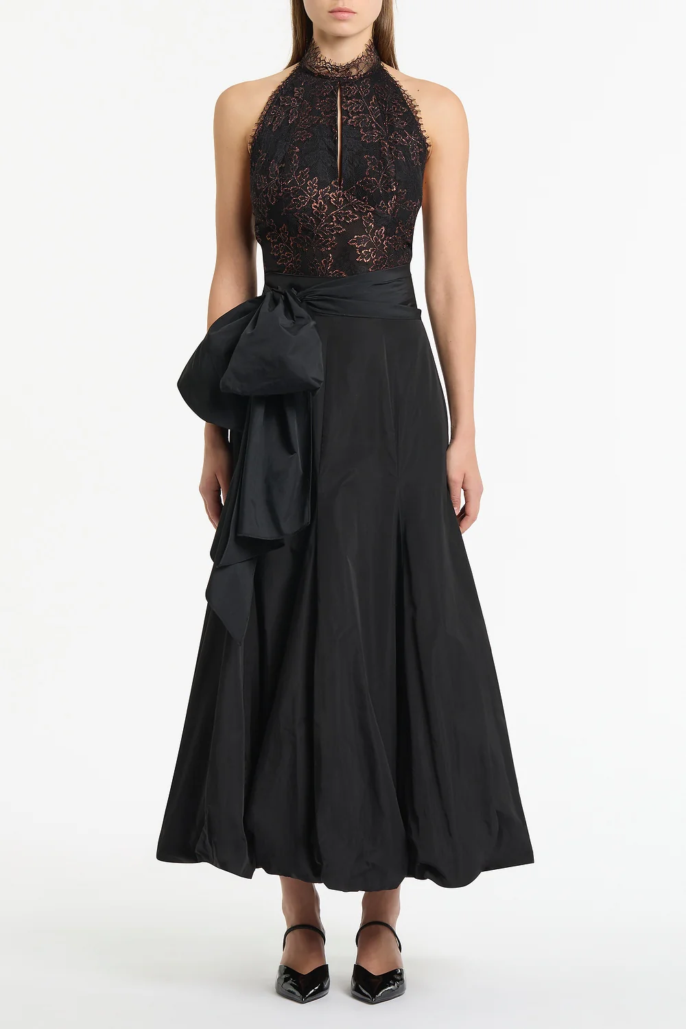 BLACK TAFFETA TIE WAIST BUBBLE SKIRT - Image 4