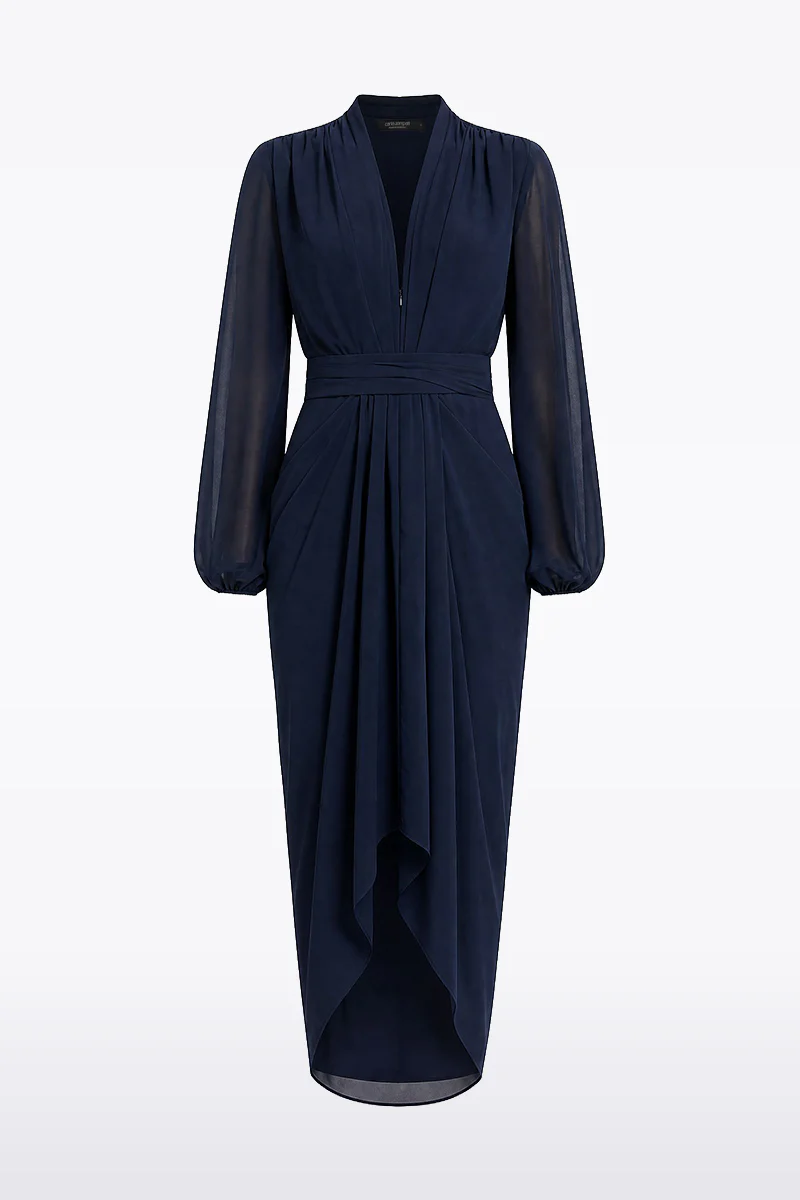 NAVY GEORGETTE V-NECK WATERFALL DRESS - Image 6