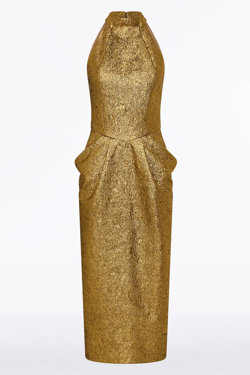 GOLD METALLIC BROCADE HALTER NECK DRESS - Image 6