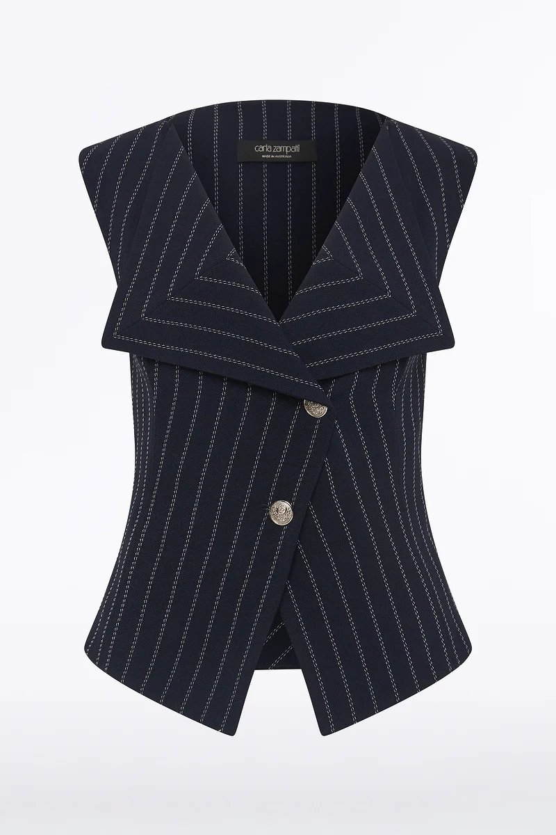NAVY PINSTRIPE DOUBLE BREASTED VEST - Image 4