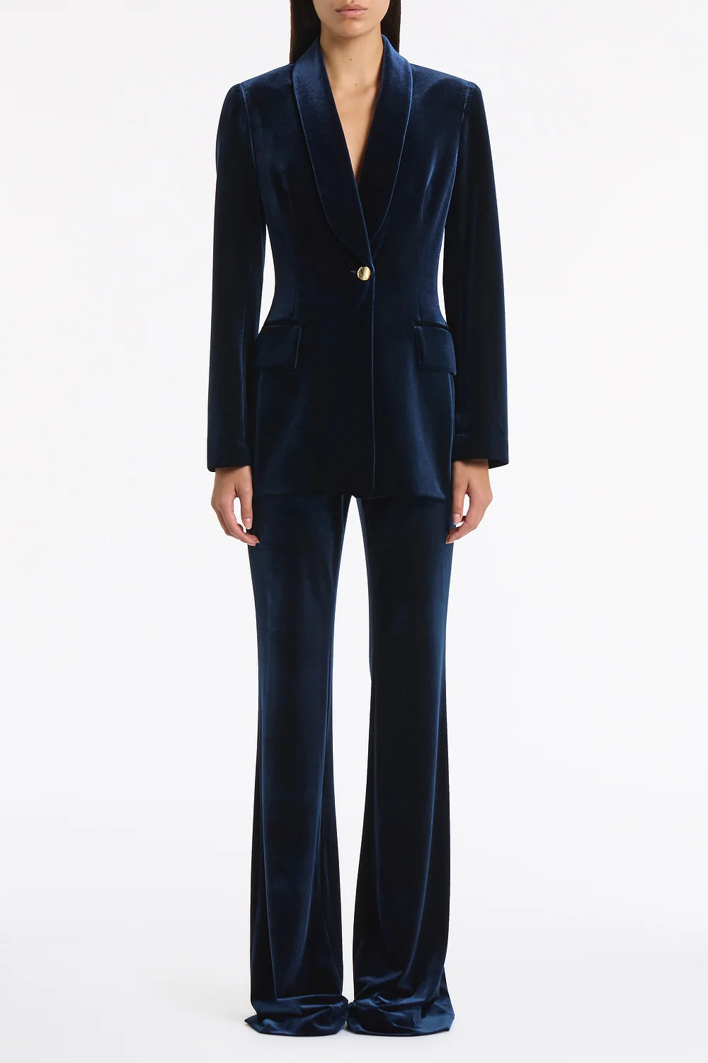 NAVY VELVET BOOTLEG PANT